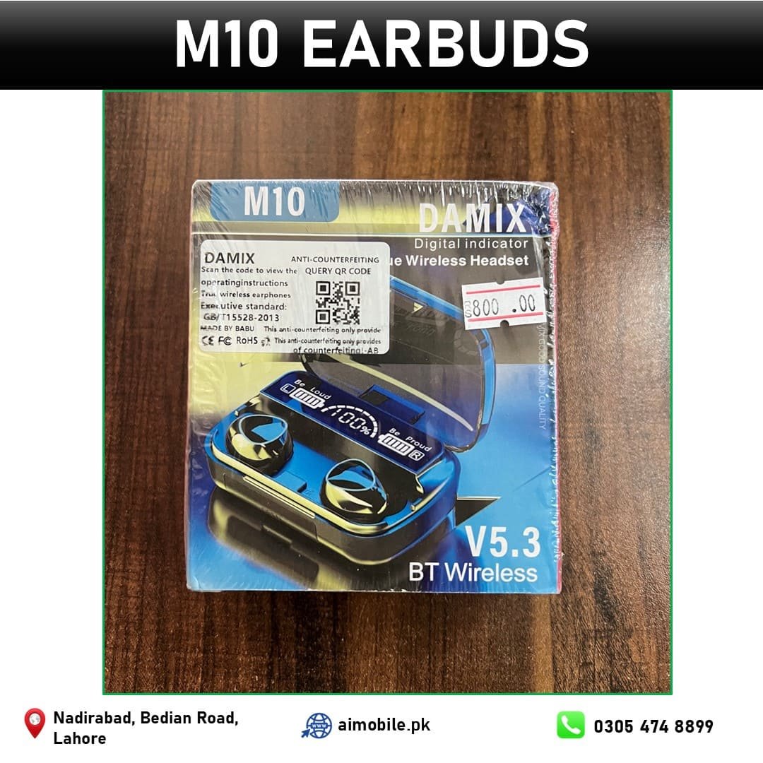 M10 Earbuds wireless Bluetooth earphones with charging case.